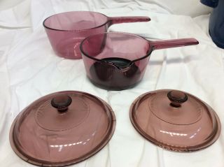Vision Corning Ware Cranberry Glass Pans Pots 4 pc,  1 & 2.  5 Liter 3