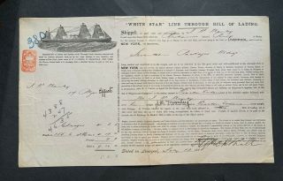 1885 Gb 6d Revenue Stamp Document White Star Line Ss Britannic Ship London - Ny