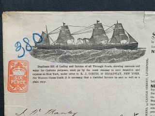 1885 GB 6d REVENUE STAMP DOCUMENT WHITE STAR LINE SS BRITANNIC SHIP LONDON - NY 2
