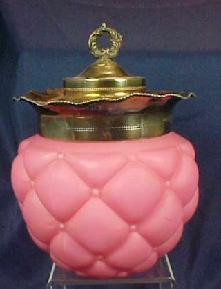 Antique Consolidated Glass Florette Pink Quilted Biscuit Jar Silver Plate Lid