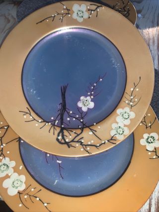 Vtg Takito Tt Lusterware Set Of 6 Salad Plates Cherry Blossom Blue Japan