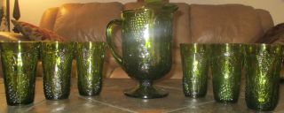 Vintage Large Dark Green Glass Pitcher & 6 Glasses With Grapes On Them Exc Cond