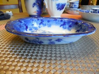 Antique Flow Blue Oval Lugano Vegetable Dish,  Gold Trim 9.  5”l