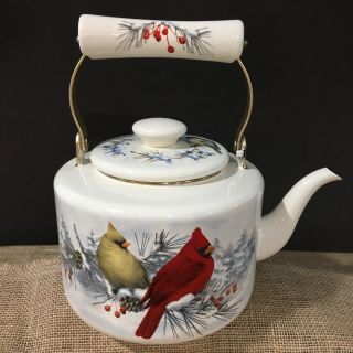 Lenox Winter Greetings Red & Yellow Cardinal Birds Enamel Teapot Kettle Tea Pot