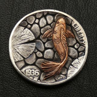 Hobo Nickel Koi Pond Fish Art Hand Engraved Carved 1936 Buffalo Coin