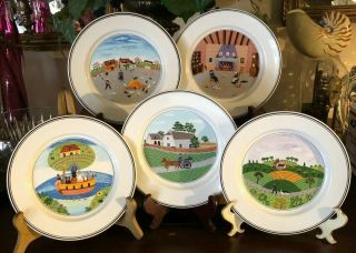 Villeroy & Boch Set Of 5 Design Naif Country Scene 8.  25 Inch Salad Plates