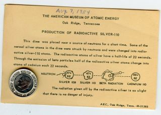 Card With 1953 Dime From The American Museum Of Atomic Energy 1954 Radioactivity