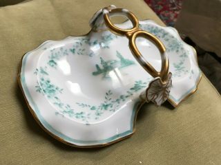 Antique Old Paris Porcelain Gilt Ruffled Turquoise Scenic Basket Leaf Handles
