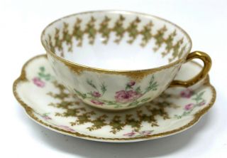 Antique Haviland Limoges France Teacup And Saucer With Pink Roses And Gold Trim