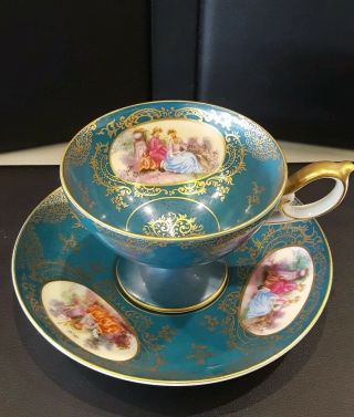 Rare Lefton China Wk913 Footed Cup & Saucer Courting Couple Hand Painted