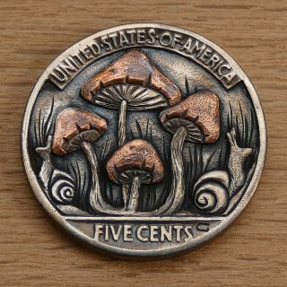 Hobo Nickel Mushrooms Fall In The Woods Hand Engraved Carved 1936 Buffalo Coin