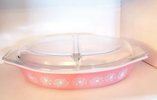 Vintage 1960’s Pyrex Pink Daisy Divided Serving Dish W/lid