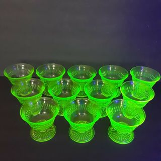 12 Green Vaseline Uranium Depression Glass Sherbet Desert Dishes