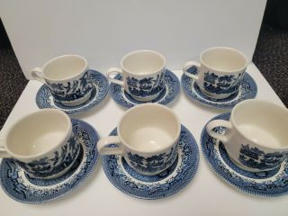 Six Antique Blue Willow Teacups And Saucers Churchhill Made In England