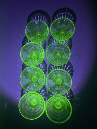 Set Of 8 Eight Green Vaseline / Uranium Glass Footed / Pedestal Dessert Cups