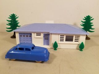 Plasticville Rh - 1 O Scale Blue/white Ranch House,  2 Trees,  2 Shrubs & Renwal Car