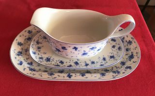 Arzberg China Blue & White Florals Gravy Boat W Underplate And A Small Platter
