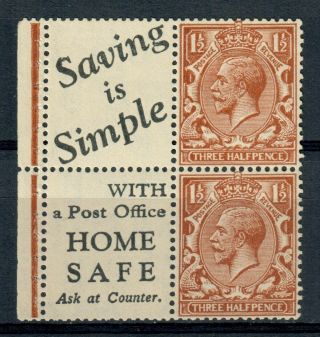 Gb 1924 11/2d Part Booklet Pane Of 2 Stamps,  2 Labels Full Perfs Mnh Um Sg420d