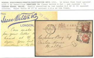 1/2d Qv Post Card 1/2d Perfin Iw Isaac Walton London 1891 To Malta
