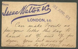 1/2D QV POST CARD 1/2D PERFIN IW ISAAC WALTON LONDON 1891 TO MALTA 2