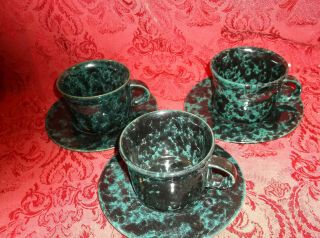 Set Of 3 Bennington Potters Agate Black/green Pottery Cups With Saucers.
