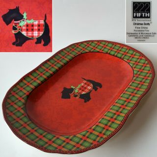 222 Fifth Christmas Scotty 14 " Fine China Oval Serving Platter.  Tartan Plaid Dog