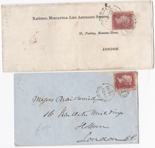 1856/8 2 Diff Bristol Sideways Duplex Postmarks On 1d Star Covers 1 Insurance