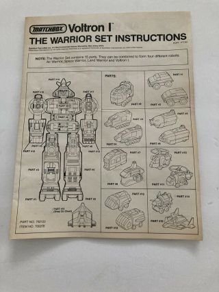 Vintage Matchbox Voltron 1 Warrior Set Instructions
