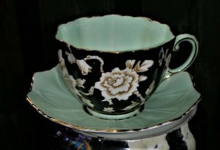 Early Paragon Queen Mary Tea Cup Saucer Set Roses Green Black