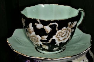 EARLY PARAGON QUEEN MARY TEA CUP SAUCER SET ROSES GREEN BLACK 2