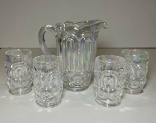 Moon And Stars Pattern Glass Weishar Mini Water Set Opalescent Pitcher Tumblers