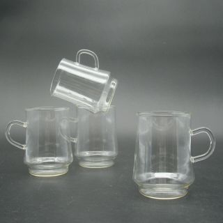 Schott Mainz Jena Glass Cups,  Set Of Four (4),  Handle Footed Clear Mugs.  Germany
