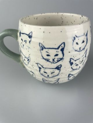 Leah Reena Goren Pottery Anthropologie Cat Coffee Tea Mug Green W Blue Cat Faces