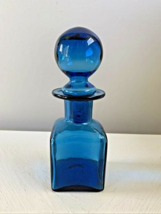 Vintage Mid Century Blue Glass Decanter Bottle W/ Round Orb Stopper 7 1/8 "
