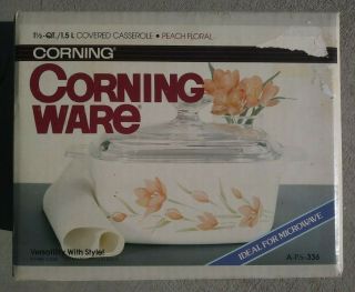 Corning Ware 1.  5 Qt Covered Casserole Peach Floral Pattern,  1988