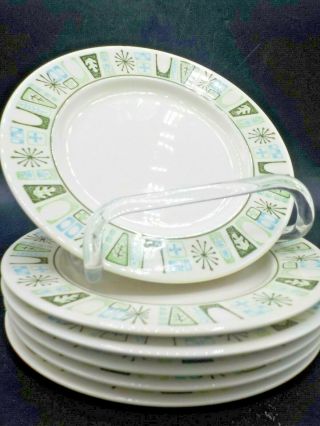 6 Vtg Mid Century Taylor Smith & Taylor Cathay 6.  5 " Side Plates Grn Blue Exc 2