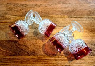 Set Of 4 Diamond Point Ruby Red Wine Stems By Indiana Glass Flash 5 1/4 "