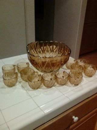 Vintage Art Deco Amber Glass Punch Bowl 12 Cups And Ladle