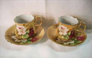 Vintage Lefton China Heritage Brown W/white Roses Set Of Cups & Saucers