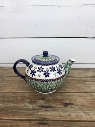 Boleslawiec Stoneware Polish Pottery Ceramika Teapot Floral Blue Green Poland