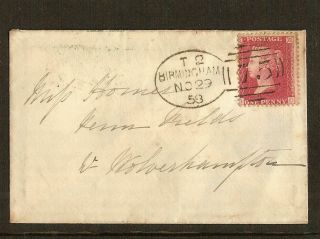 1858 1d Red Cover Spoon Duplex 75 Postmark For Birmingham T2 Postage