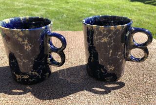 2 Bennington Potters Vermont David Gil 1340 Blue Agate Spongeware Trigger Mugs