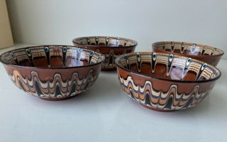 Bulgarian Vintage Drip Glaze Redware Pottery Ceramic Bowls Handpainted
