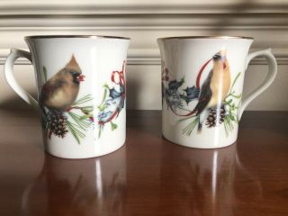 Nib - Lenox Winter Greetings Porcelain Coffee Mugs Cardinal,  Waxwing,  Junco Birds