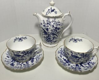 Coalport England Cairo Blue Bird Design On White Two Cups Saucer Teapot Flaw