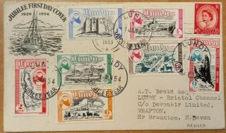 Great Britain Lundy 1953 Braunton Cover Reused In 1954 With 7 Puffin Stamps