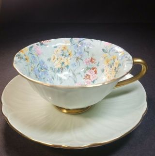 Vintage Shelley Green Melody Chintz Oleander Footed Teacup And Saucer Gold Trim