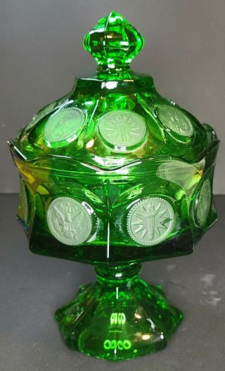 Emerald Green Coin Glass Candy Dish Eagle Fostoria Depression Glass Footed