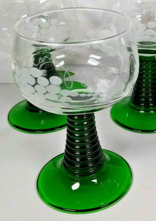 Roemer German Wine Glasses Green Stems Etched Grape Designs