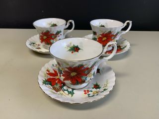 Royal Albert Poinsettia Tea Cup & Saucer Set 3 Christmas Yuletide Vtg